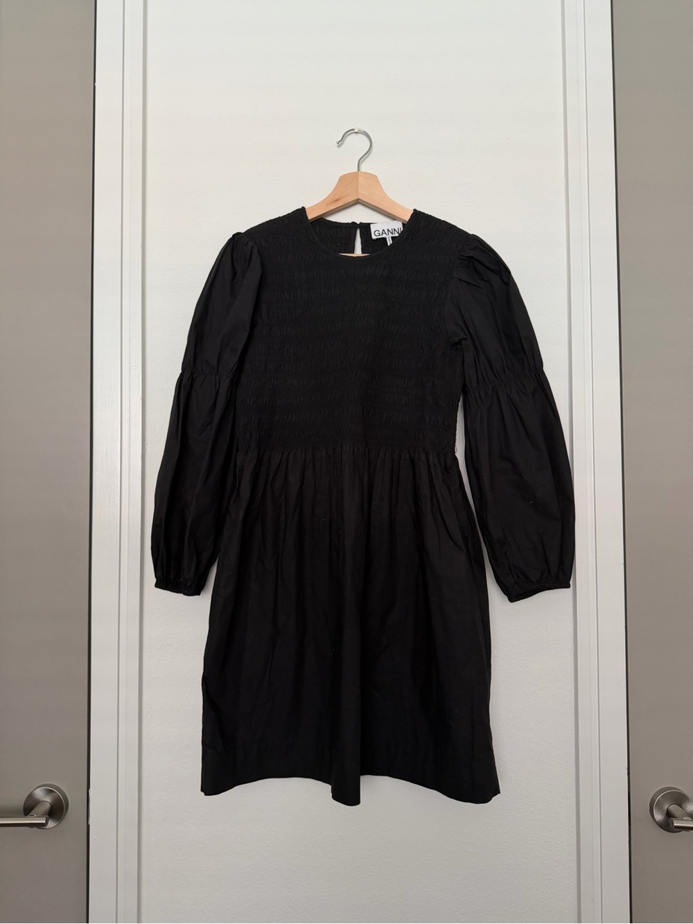 GANNI • black smocked poplin mini dress